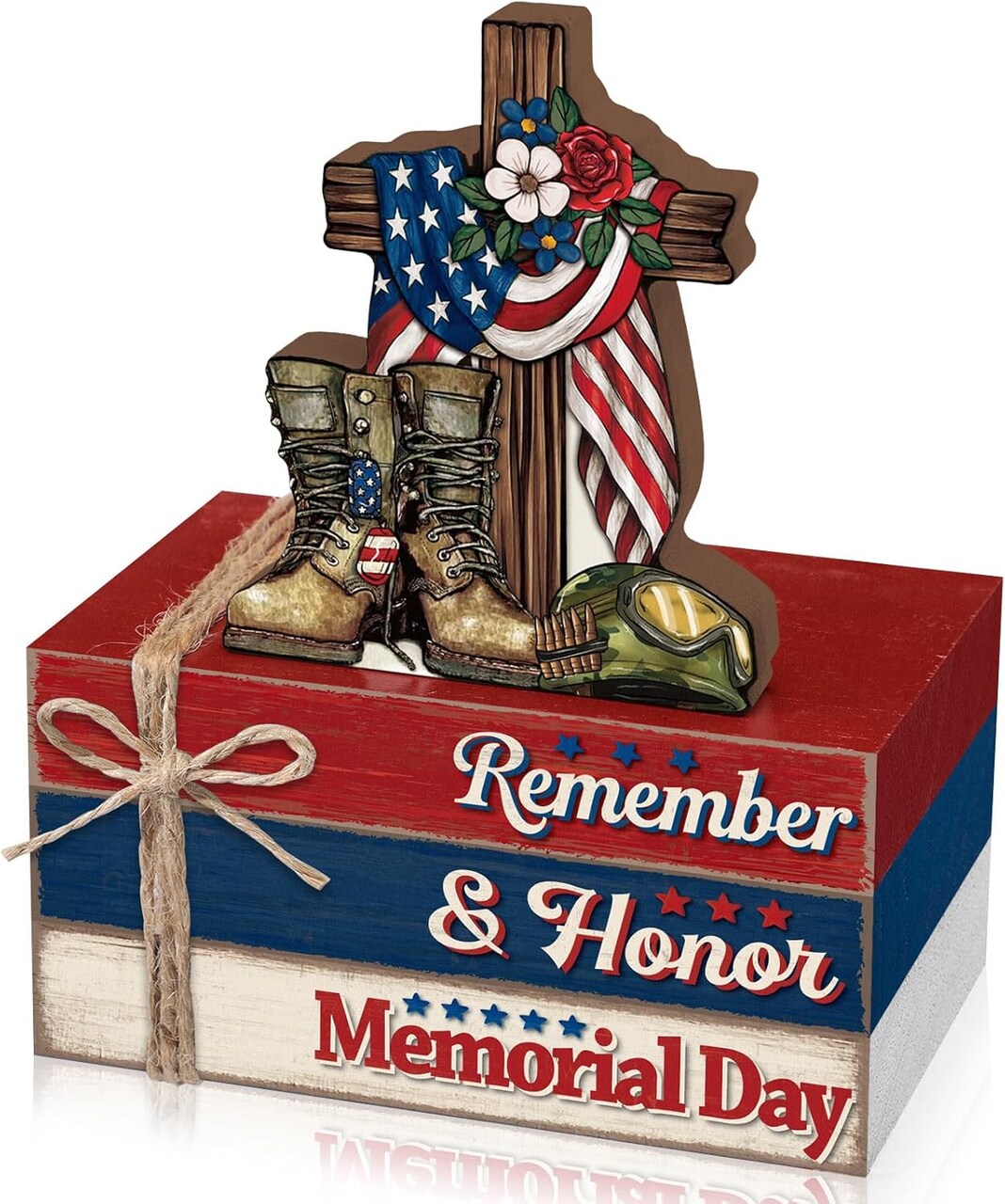 4-Piece Memorial Day Wooden Book Stack Decorations – Patriotic Red, White & Blue Tiered Tray Décor with Boots, Cross, Helmet & Flag for Home, Office & Veterans Day